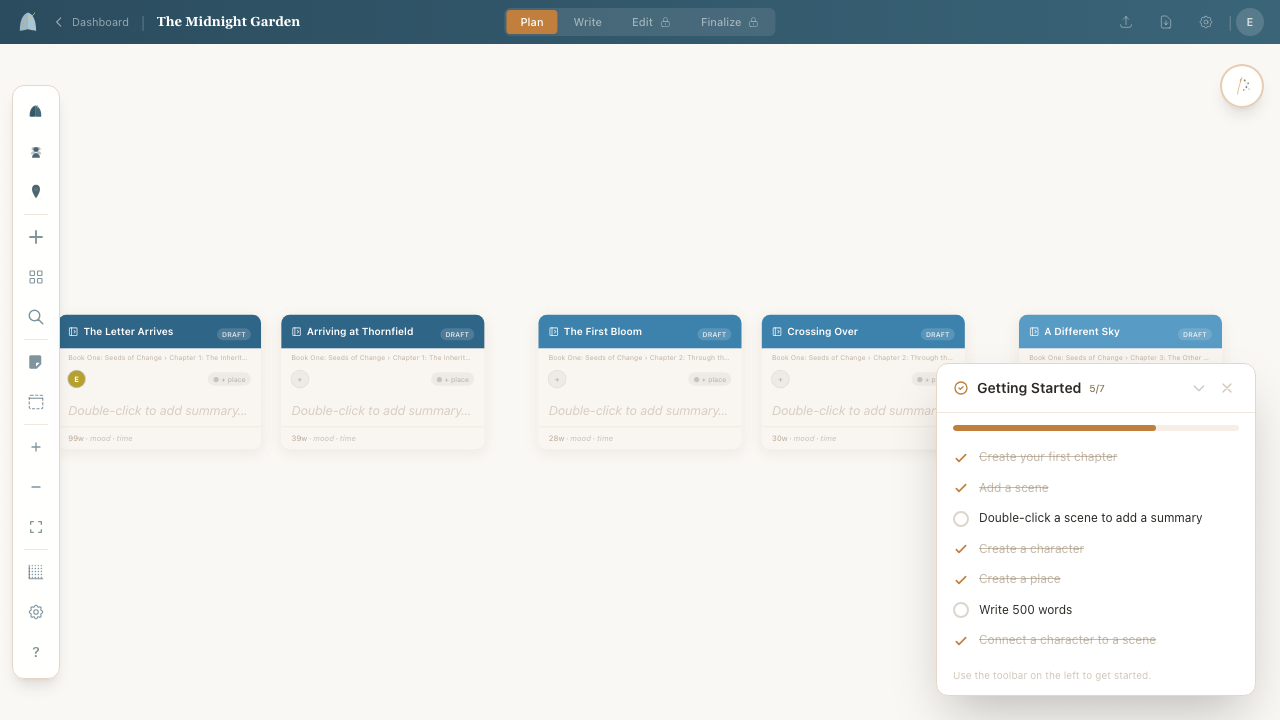 The full canvas workspace showing scene cards, character nodes, and place nodes arranged spatially