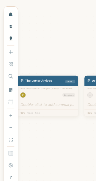 The left sidebar showing the story tree with books, chapters, scenes, characters, and places