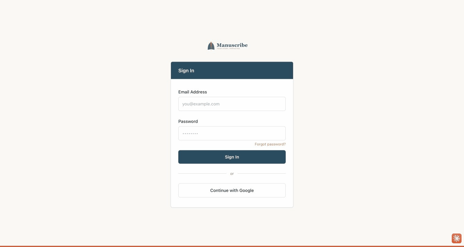The Narrovo login page with email, password, and Google sign-in options